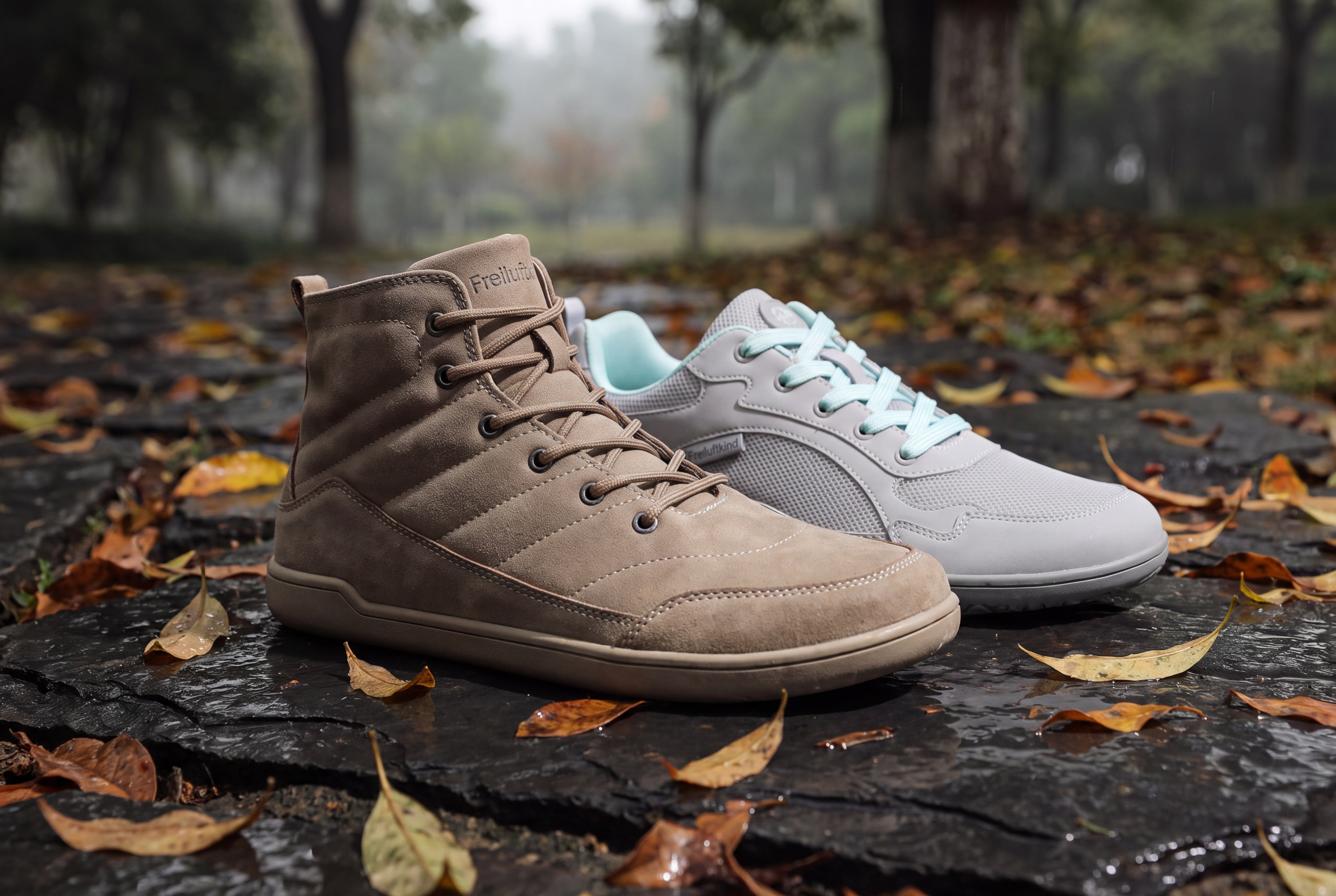 Kauri und Everest wasserabweisende Barfußschuhe auf nassem Stein im Herbstlicht