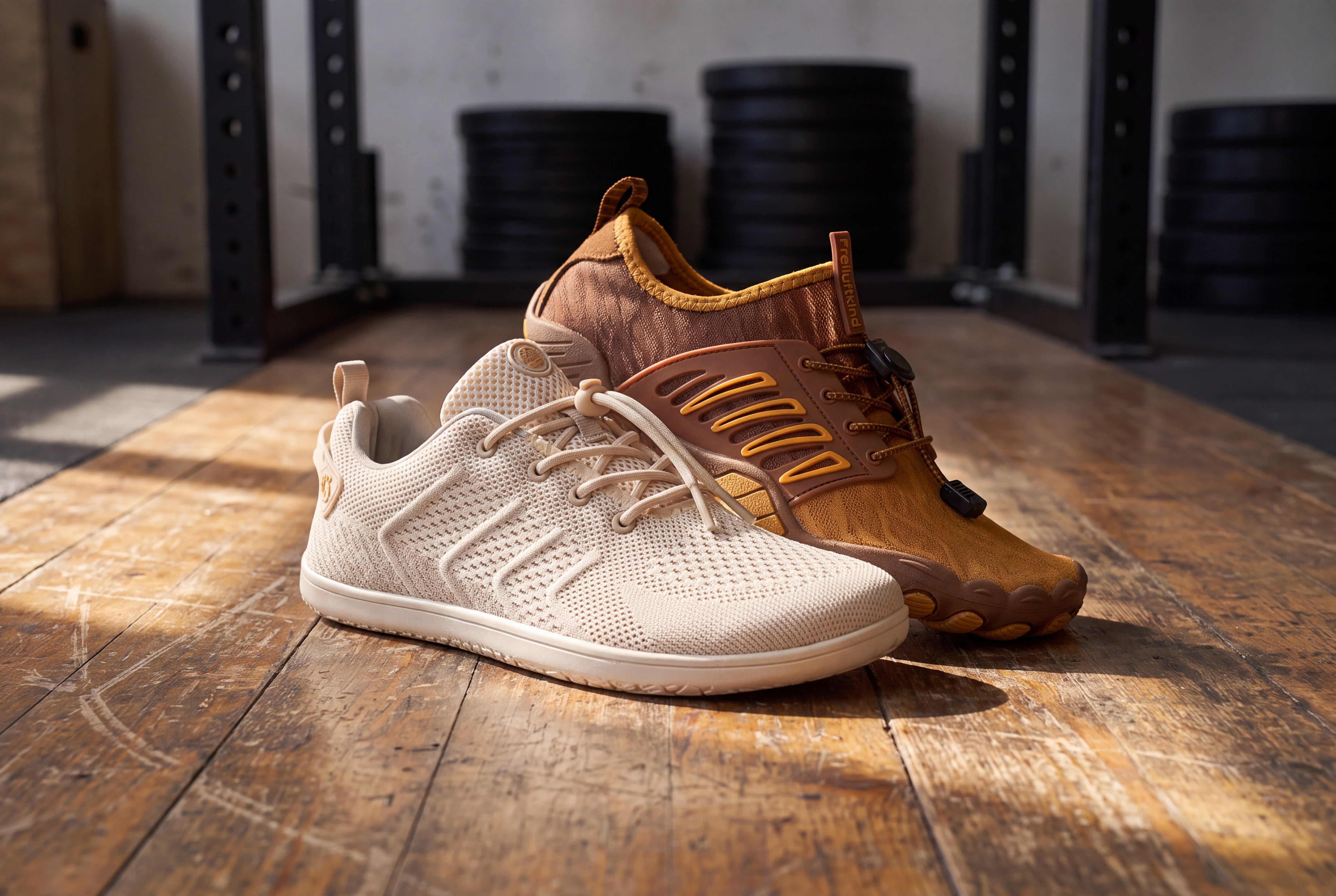 Camino und Tokai Barfußschuhe auf Holzboden im Gym vor unscharfem Squat-Rack